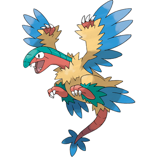 the pokemon archeops, a colorfully-feathered rock bird